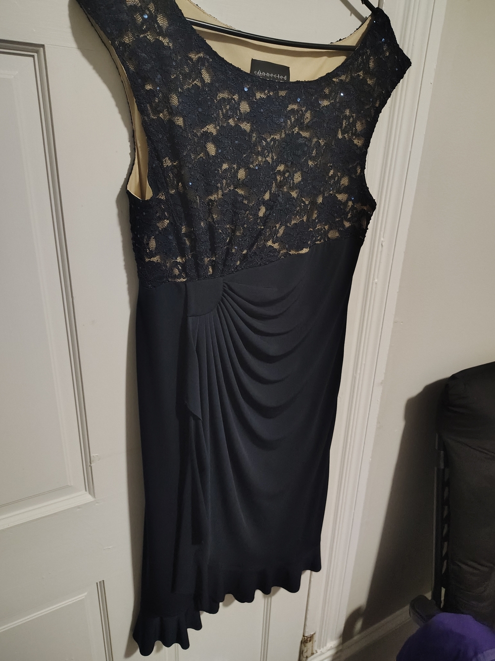 Adrianna Papell Black Lace Bodice Navy-Black Midi Dress